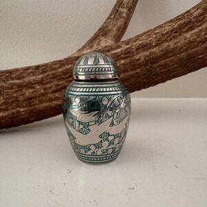 Miniature Keepsake Urn Teal Silver Engraved Flying Birds Brass Small Memorial